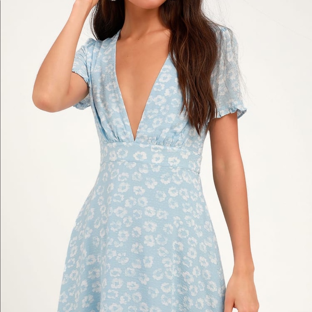 Light blue with white flowers dress. Brand is Lulus.